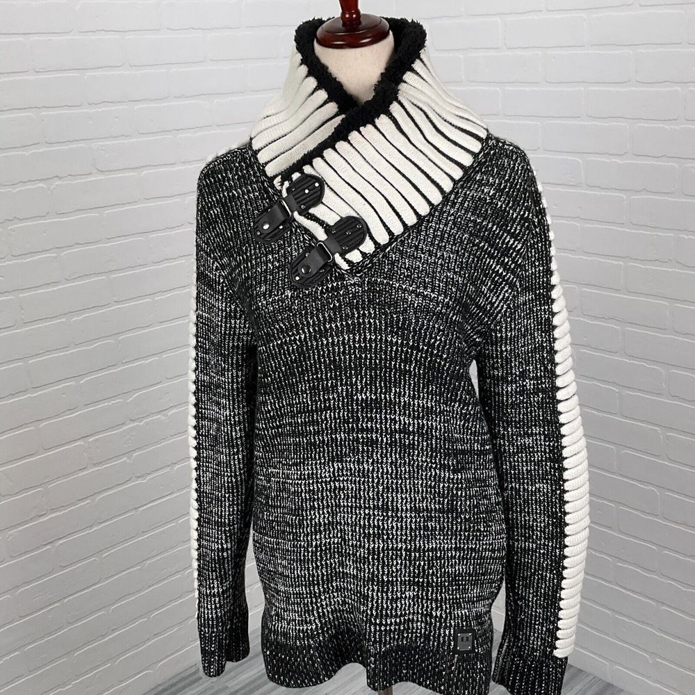 Barabas Sweater Mens XLarge‎ Black White Buckle Fleece Lined Collar Acrylic